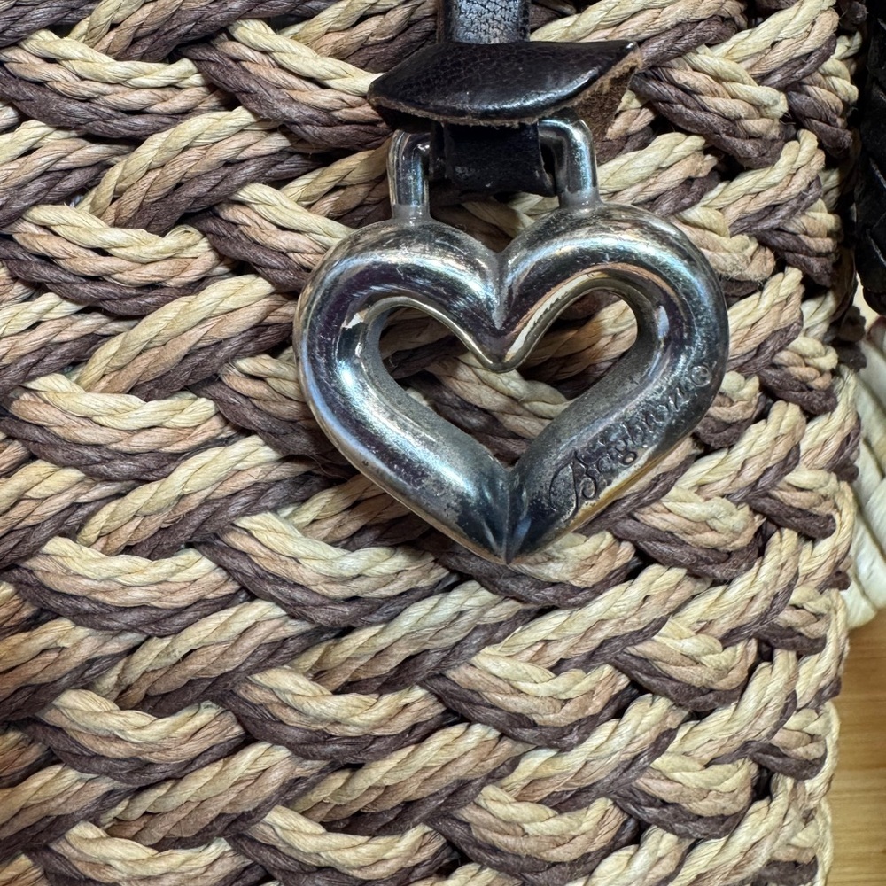 Brighton Woven Beige Brown Rattan Basket Purse Bag Leather Straps Silver Charms - Picture 5 of 13